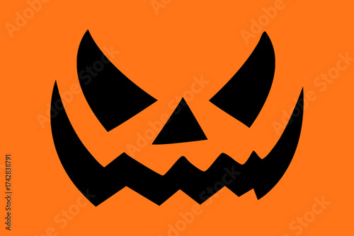 Cartoon illustration of a sinister black smile on an orange background from a Halloween Jack-O'-Lantern.