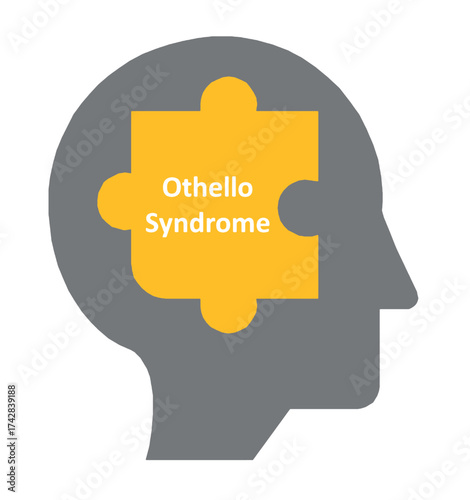 Vector illustration of Othello Syndrome concept with a yellow puzzle piece inside a human head silhouette, symbolizing psychological disorders, delusional jealousy, and mental health awareness.