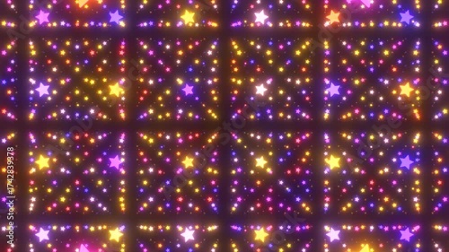 Millions Of Neon Glowing Tiny Twinkle Stars Rotate In Grid Formation - 4K Seamless VJ Loop Motion Background Animation