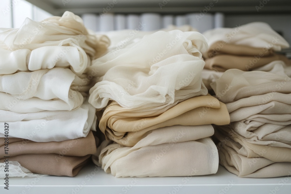 Obraz premium Stacks of fabric on white table in neutral lighted room. Neural network AI generated