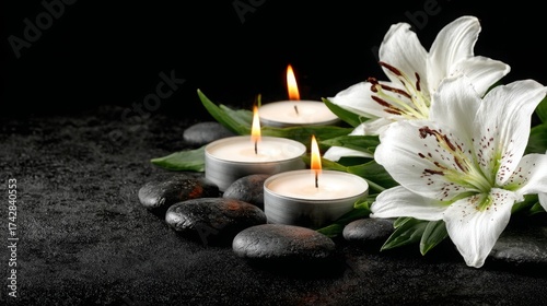Burning Candles And Lily Flowers On Black Background With Copy Space. Funeral Concept The Emotional Relief Of Pre-Arranging A Funeral.