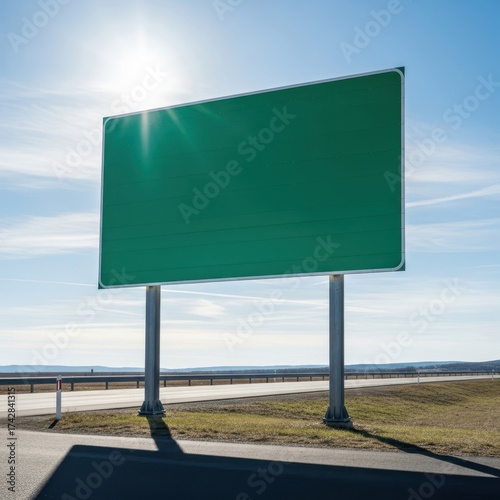 Empty green highway sign facing the sun with clear skies and roads isolated on white background