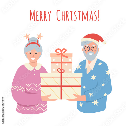 Senior couple of man and woman with gift box. Happy elderly people celebrating Christmas or New Year. Merry Christmas greeting card concept. Flat vector illustration isolated on white background.