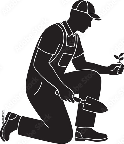 Male Gardener Silhouette Kneeling with Spade and Seedling, Vector