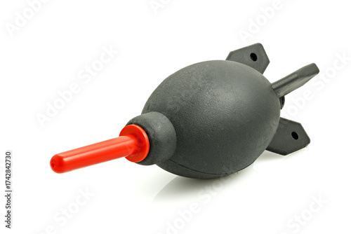A rubber hand-held air pump for dust removal, isolated on a white background. This tool is designed for cleaning cameras, lenses, personal computers, keyboards, and mobile phones.