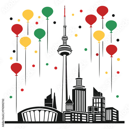 Toronto skyline with red yellow green and black balloons and confetti city CN Tower