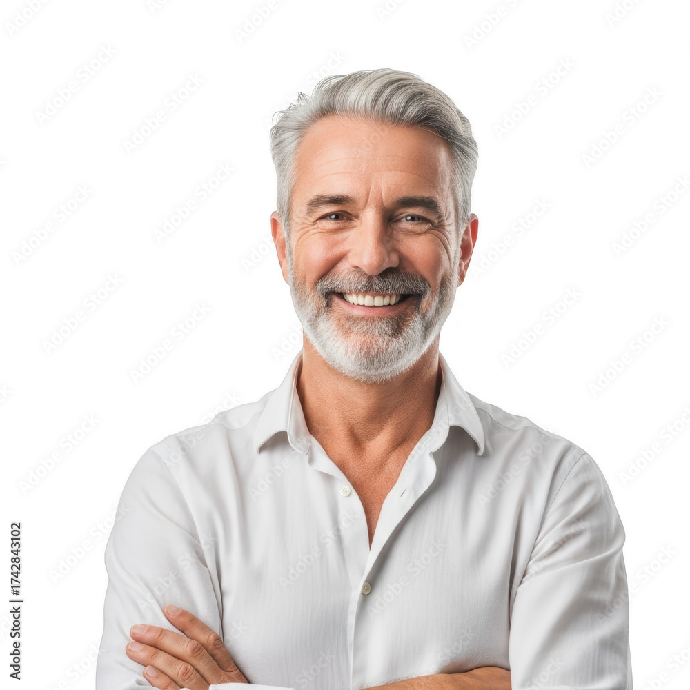 Obraz premium Smiling older man with grey hair and beard isolated on transparent background