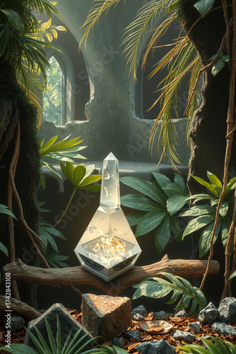 Mystical Crystal Amid Ancient Ruins