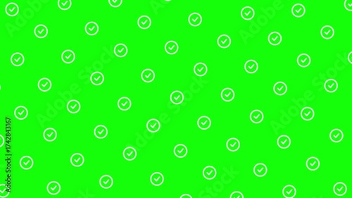 Looping white circle check icons gently float upward on a green screen with subtle pulse and scale animation, evoking themes of success, approval, and completion.