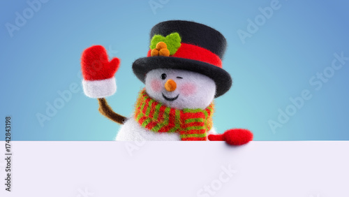 Wool‑felt snowman pops in from the left, waves a red mitten, and smiles behind a white banner in a clean studio clip.
