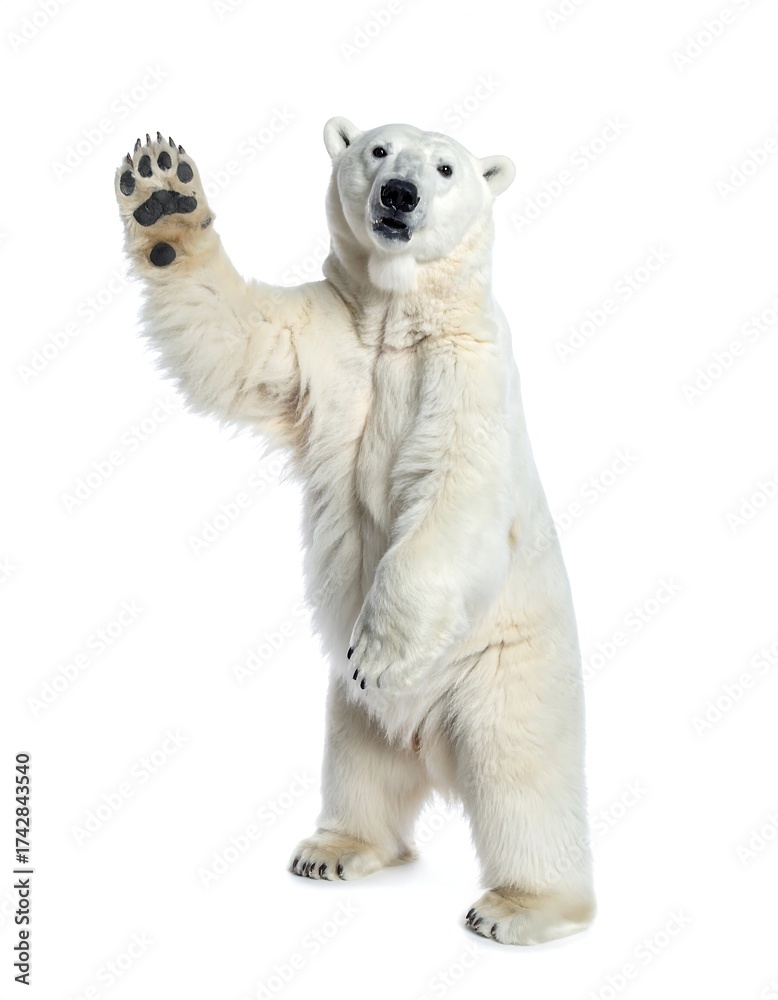 Fototapeta premium Standing polar bear with arm raised, on white background, paws visible
