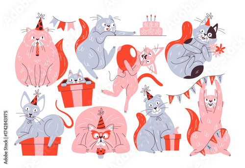 Cute happy birthday cat hand drawn domestic animals characters feeling joyful, playful set