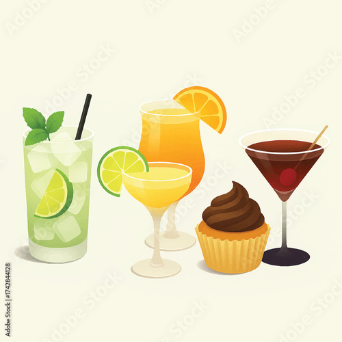 Colorful cocktail and dessert vector set featuring mojito, martini, margarita, orange juice, and chocolate cupcake. Smooth gradients and pastel tones for bar menu or café branding design.