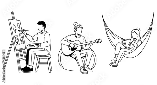 Creative hobbies showcase artist painting, musician playing guitar, reader relaxing in hammock