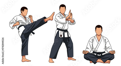 Dynamic aikido stances showcasing martial arts mastery and self-defense skills, originally vector graphics