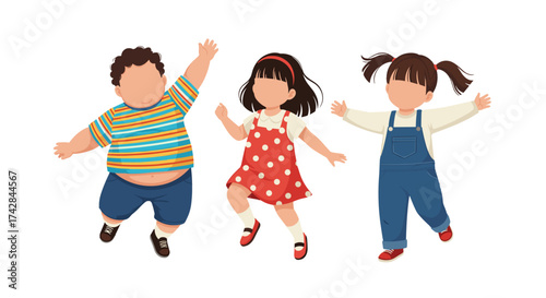 Children jumping with joy in bright clothing, happy and carefree moments of childhood delight