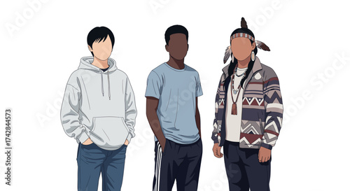 Diverse group of young people standing together, representing unity and inclusivity, vector-based
