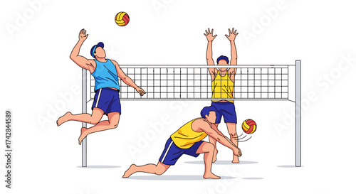 Dynamic beach volleyball game action with players spiking and blocking for summer sports fun