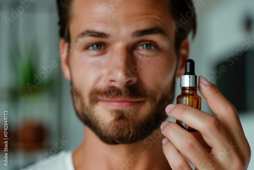 man holding out facial serum dropper bottle with calm smile, background in beige tones for clean product style