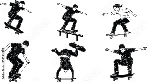 Six black and white illustrations of skateboarders performing tricks on white background skateboarding