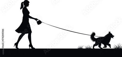 Silhouette of woman with ponytail walking a fluffy dog on a leash vector