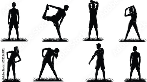 Black silhouettes of people stretching and exercising on grass woman exercise