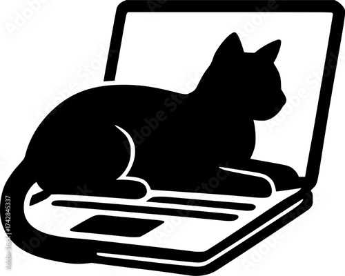  Cat lying on a laptop, silhouette, black and white, minimal