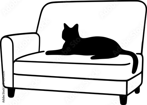Minimal contour of a cat lying on a couch, flat black silhouette