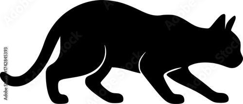 Minimal silhouette of a cat creeping in hunting pose, black outline