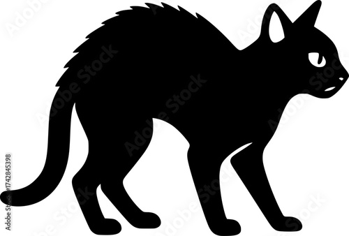 Minimal silhouette of a tense alert cat, black outline, flat design