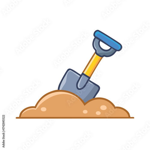 A shovel stuck in the sand, ready for digging. The shovel has a yellow handle and a blue grip
