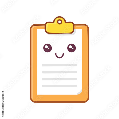 Cute illustration of a clipboard with a smiling face, exuding a sense of friendliness. The clipboard features a blank sheet of paper
