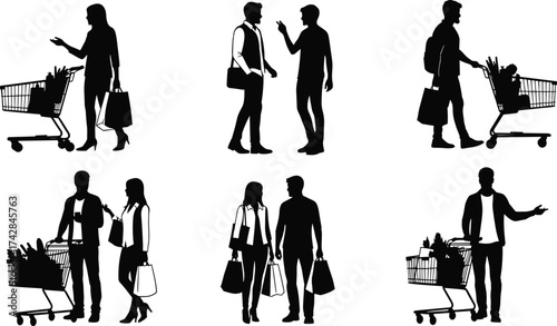 Silhouettes of people shopping with grocery carts and bags shopping bag