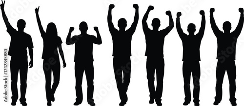 Group of diverse people raising arms in celebration and victory poses silhouette