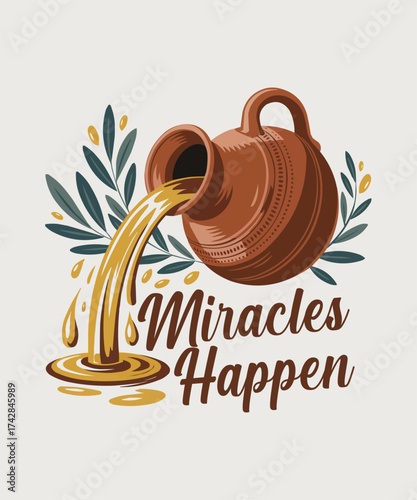 A terracotta jug pouring golden liquid adorned with olive branches and text