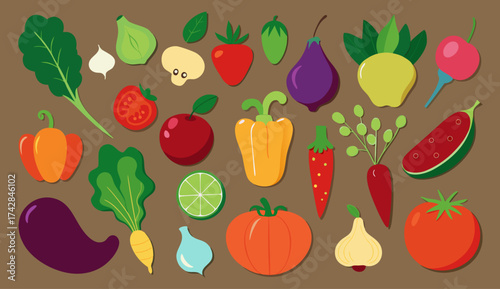 Colorful Flat Design Vector Set of Healthy Fruits and Vegetables Illustration