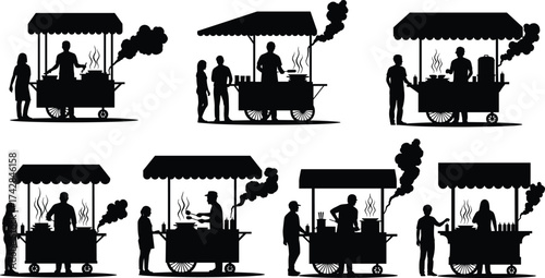 Black silhouette food carts with vendors and customers cooking and serving food street food
