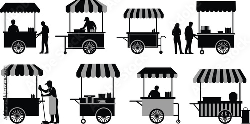 Collection of black and gray food carts with people silhouettes street food vendor