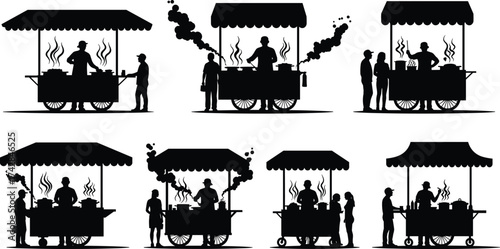 Silhouettes of food vendors serving customers from carts with steam rising food cart street food