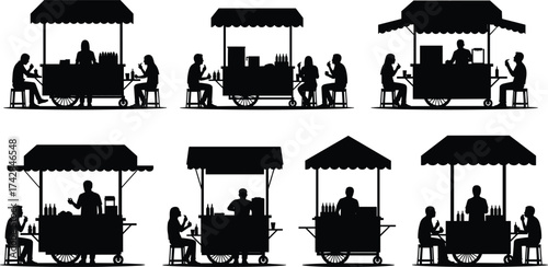 Black silhouette food carts with people eating and drinking outdoors black and white street food