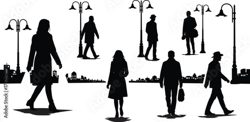 Silhouettes of people walking past streetlights and city buildings vector
