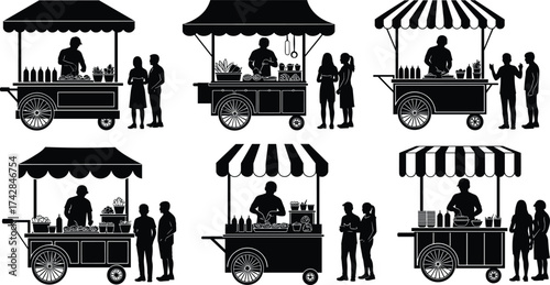 Black silhouette food carts with vendors and customers in various scenes street food