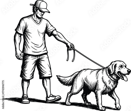 Man in baseball cap walking a golden retriever dog on a leash vector