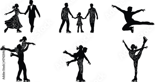 Black silhouettes of ice skaters performing various poses and a family holding hands ice skating