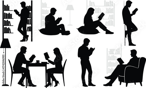 Silhouettes of people reading books in various indoor settings vector