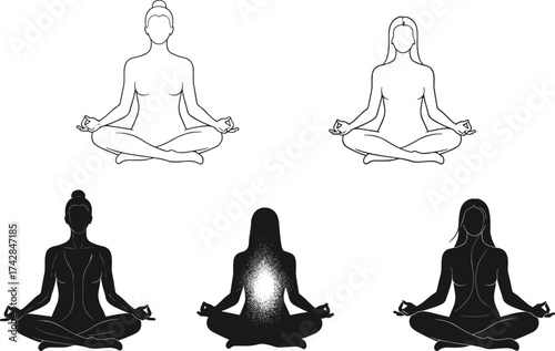 Five female figures meditating in lotus pose line art and silhouette meditation yoga