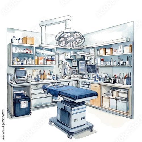Operating Room, watercolor drawing vector, isolated on a white background.