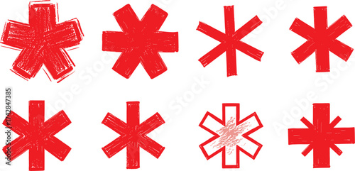 Collection of eight red star of life and asterisk symbols with distressed textures medical