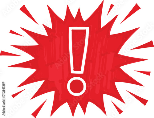 Red exclamation mark in a hand drawn burst shape on white background explosion