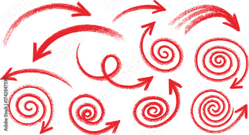 Collection of Red Crayon Drawn Arrows and Swirls on White Background drawing hand drawn